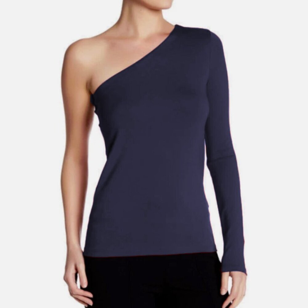 Theory One Shoulder Stretch Knit Top Navy Size Medium $345